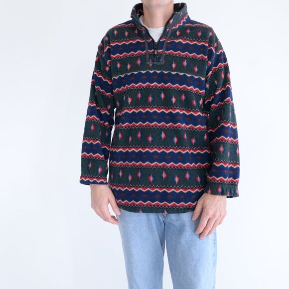 Vintage Navy Green Cherokee Quarter Zip Fleece Aztec Pullover Sweater Small - Picture 1 of 9